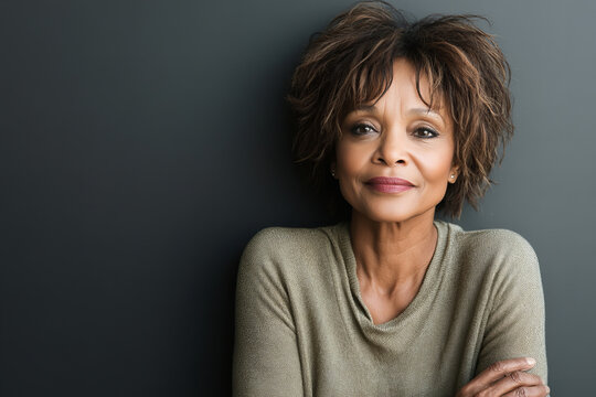 Elegant portrait of a middle-aged African American woman with natural beauty, captured in a minimalistic studio setting, showcasing confidence and grace in a modern and stylish attire.