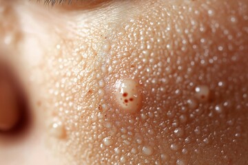 Fototapeta premium Close up of a cheek with large, inflamed pores and visible bumps, emphasizing texture