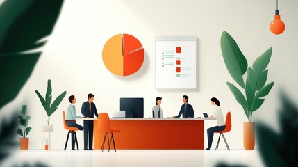 A group of people are sitting around a table in a room with a clock on the wall.