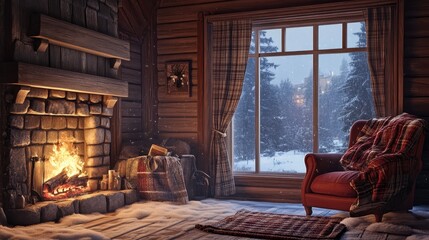 Cozy Cabin Interior with Fireplace and Snowy View