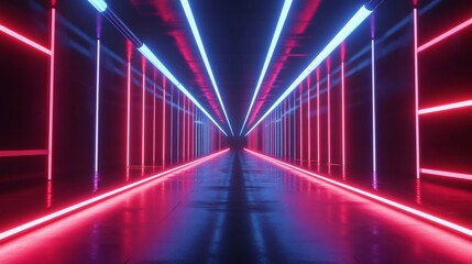 3D render featuring an abstract neon background with red and blue laser rays.