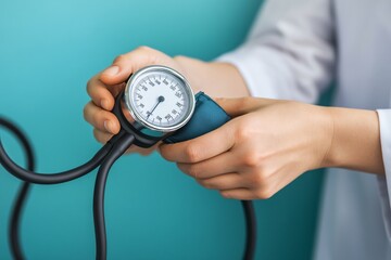 Doctor's hands using a blood pressure monitor, with the dial visible, blood pressure reading, health evaluation.