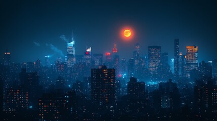Obraz premium The nighttime city skyline showcases illuminated skyscrapers and bustling streets, showcasing urban life and modern architecture under a dark sky