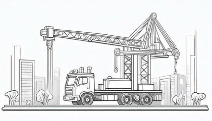 Coloring page for kids. Construction crane based on a truck, rear on a white background.