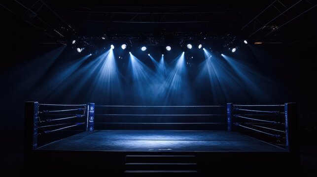 Mixed martial arts ring illuminated by powerful spotlights in a dark room, capturing the intense mood before a fight.