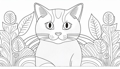 Kitty on the background of leaves. Children's coloring. Vector black and white coloring page.