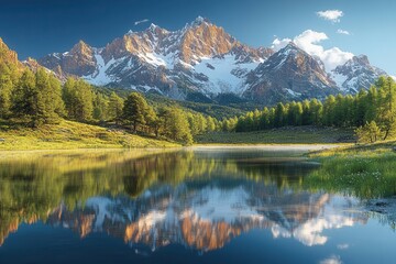 panoramic vista of snowcapped mountain range at sunrise jagged peaks reflected in crystalclear alpine lake surrounded by pine forests and wildflower meadows