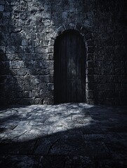 A dark stone wall with a wooden door, creating an atmospheric and mysterious entrance, illuminated by subtle lighting.
