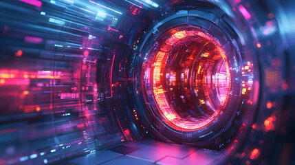 Obraz premium 3D Abstract Digital Vault with Glowing Elements: Creative Art Symbolizing Financial Security and Savings in a Holographic Space