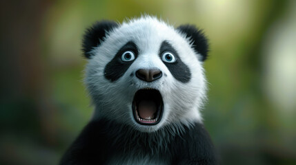 Obraz premium A surprised panda with wide, expressive eyes stands out against a minimalist backdrop, exuding a mix of cuteness and humor.