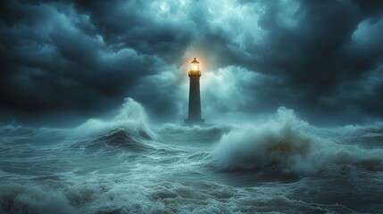 The lighthouse stands tall in stormy weather and dark oceans, symbolizing safety and guidance in harsh conditions. Very suitable for themes related to resilience, navigation, and ocean power.