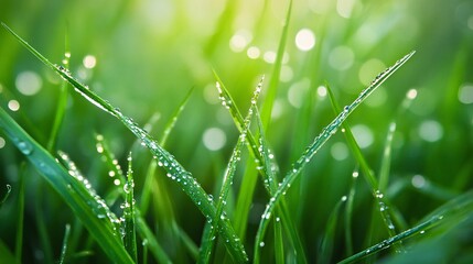 Obraz premium Close-up of Dew-Covered Blades of Grass in Sunlight