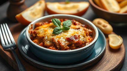 Delicious traditional Greek moussaka with beef mince, eggplant and bechamel sauce