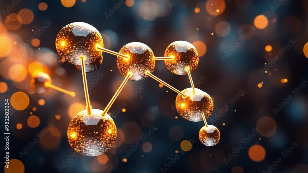 Poster abstract representation of molecular structures with glowing particles in a dark background