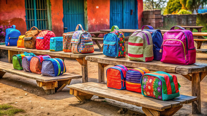 Fototapeta premium Colorful backpacks and lunch boxes surround a vacant wooden bench in a rural Indian schoolyard, evoking a sense of joyful student camaraderie.