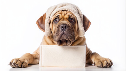 Obraz premium Adorable mastiff puppy with a towel wrapped around its head, cream on its face, and holding an empty sign above a white banner on a white background.