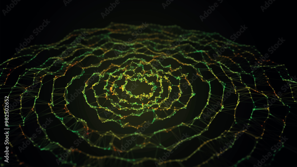 Poster abstract background with dynamic wave. circular wave of dots. musical sound wave. dark background. b