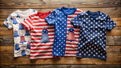 Obraz premium Colorful array of patriotic T-shirts with stars, stripes, eagles, and liberty bells adorn a rustic wooden table, celebrating American Independence Day spirit.