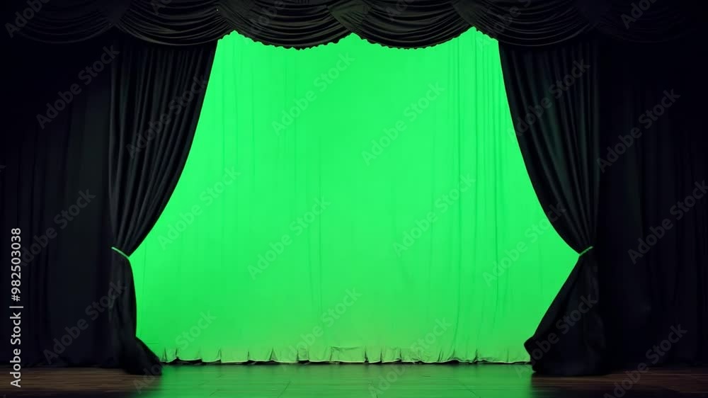 Poster black curtains are slightly parted on a theater stage, exposing a vibrant green backdrop. the settin