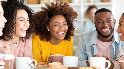 Group of Friends Laughing and Enjoying Coffee Together in a Cozy Cafe