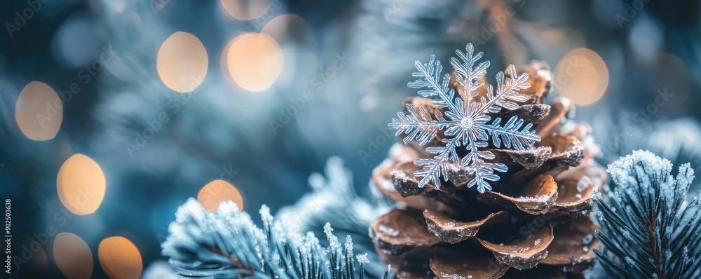 Poster a close-up of a frosted pine cone adorned with a delicate snowflake, set against a blurred backdrop 