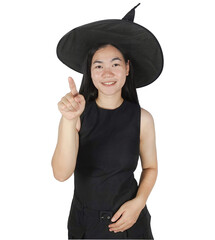 Asian woman cosplay as witch for halloween with hand gesture pointing