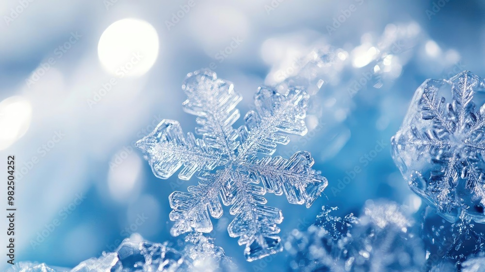 Poster a detailed close-up of a snowflake resting on icy blue surfaces, showcasing intricate patterns and s