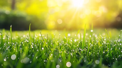 Fototapeta premium Close-up of Dew-covered Grass Blades with Sunlit Bokeh Background