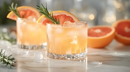 Refreshing grapefruit cocktails in crystal clear glasses are artfully arranged on a white marble countertop, garnished with grapefruit slices and rosemary, perfect for a high-end bar ambiance.