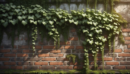 Ivy covered brick wall with sunlight filtering through