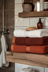 Folded Towels in Warm Earthy Tones on a Wooden Shelf with Cozy Home Decor Elements, Neatly Organized Linens in Rustic Interior Setting