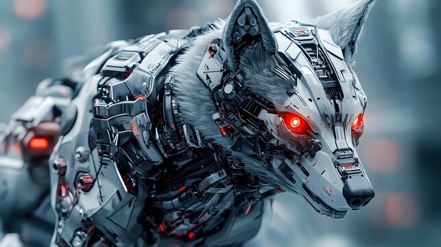 Futuristic Robotic Wolf With Intense Red Eyes and Detailed Cybernetic Design in Urban Camo Armor