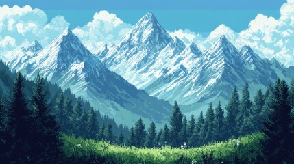 Obraz premium Pixelated mountain landscape for a seamless background, featuring towering peaks and rolling hills in classic retro game style.