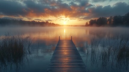 Serene Sunrise Over Misty Lake Dock