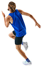 Focused sportive young man, competitive athlete in motion, running, preparing for competition isolated on transparent background. Concept of sport, marathon, competition, active lifestyle.