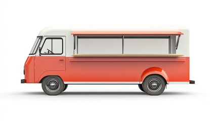 Realistic food truck isolated on a white background, ready for branding or design purposes with ample space for logos and graphics.