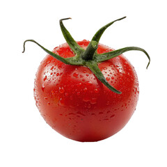 Single fresh red tomato with green stem covered in water drops