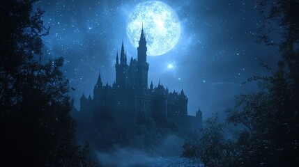Fototapeta premium A dark, mystical castle looms under a bright moon, surrounded by trees and mist, creating an enchanting, atmospheric scene.