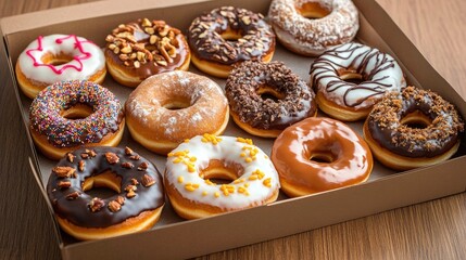 A dozen assorted donuts displayed in a bakery box, showcasing diverse flavors and toppings like caramel, nuts, and fruity glaze.