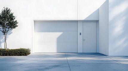 A sleek white modern garage door exemplifies minimalist design with clean lines and a bright exterior wall, enhanced by natural lighting contributing to the overall urban aesthetic.