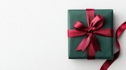 A wrapped Christmas gift box, festive ribbons, isolated on white background