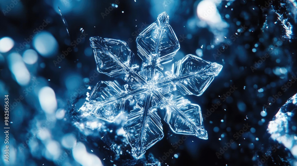 Poster A stunning close-up of a delicate snowflake showcasing intricate patterns and a shimmering icy texture against a blue background.