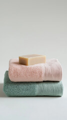 A clean, minimalistic scene featuring two folded soft lush towels in pastel green and pink colors. On top lies a bar of natural soap, creating a sense of calm and luxury. The background is a simple