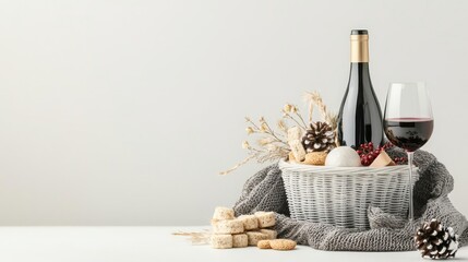 Naklejka premium A holiday gift basket with wine and snacks, cozy style, warm tones, isolated on white background