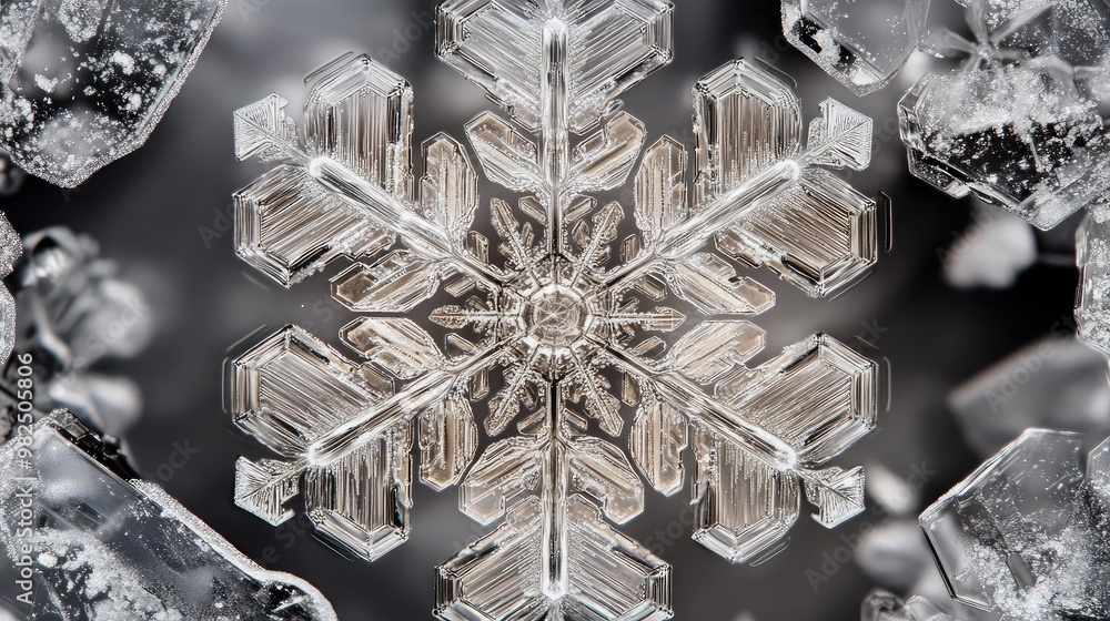 Poster Close-up view of a stunning snowflake showcasing intricate patterns and crystal formations against a dark background.