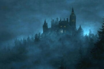 A dark, eerie castle shrouded in mist, surrounded by ominous trees, creating a haunting atmosphere.