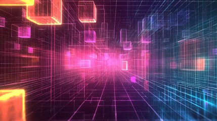 Fototapeta premium Abstract 3D render of metallic cubes floating on water with a blue and purple gradient background.