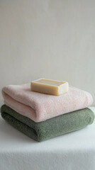 A clean, minimalistic scene featuring two folded soft lush towels in pastel green and pink colors. On top lies a bar of natural soap, creating a sense of calm and luxury. The background is a simple