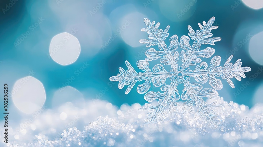 Poster A delicate snowflake rests on a soft layer of snow, sparkling in a winter wonderland with shimmering blue background.