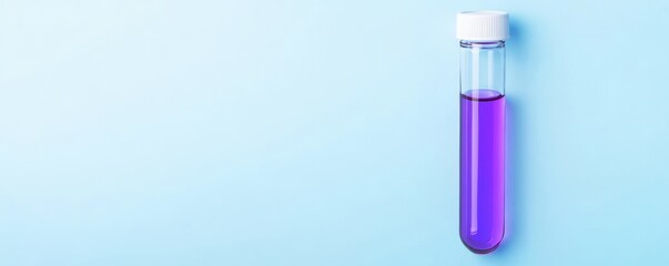Test tube with purple liquid, on light blue background, flat design illustration